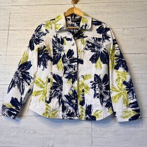 Addition by Chicos Jacket Womens Size 1 Blue and Green Floral White Denim